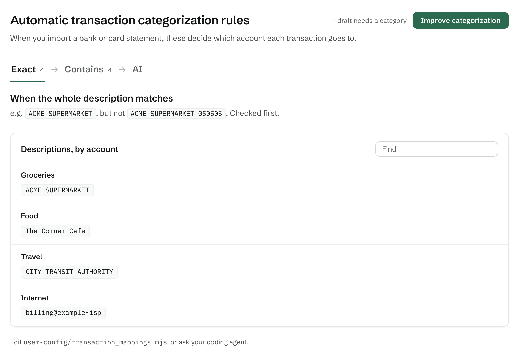 Automatic transaction categorization rules on the Exact tab: three tabs in order, Exact then Contains then AI, and descriptions grouped by the account they go to. Capture: sample-data demo (npx dbu6 seed), signed in as the demo user; viewport 1440×900 @2x; open /categorization-rules?show=exact; clip x320 y0 w1016 h690 (CSS px).